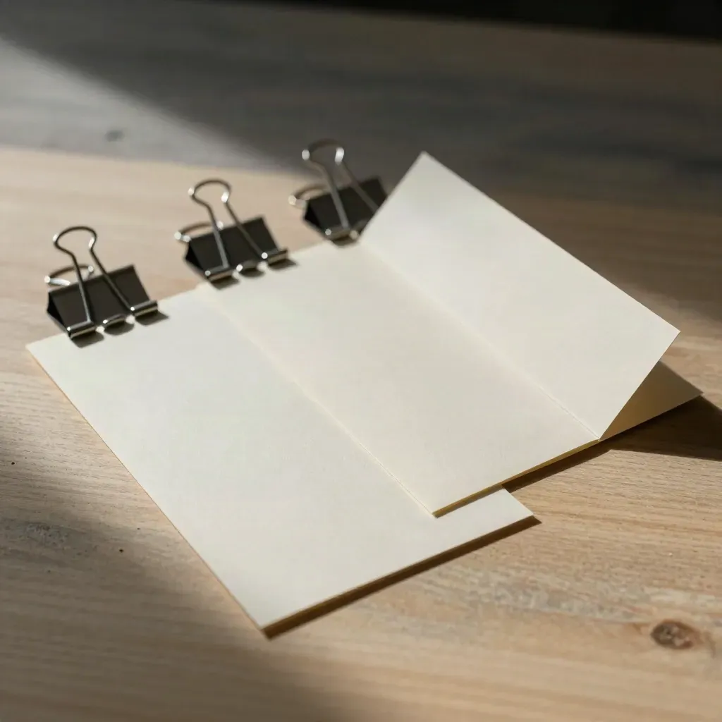Blank workflow template sleeves and binder clips on pale wood under dramatic studio light.