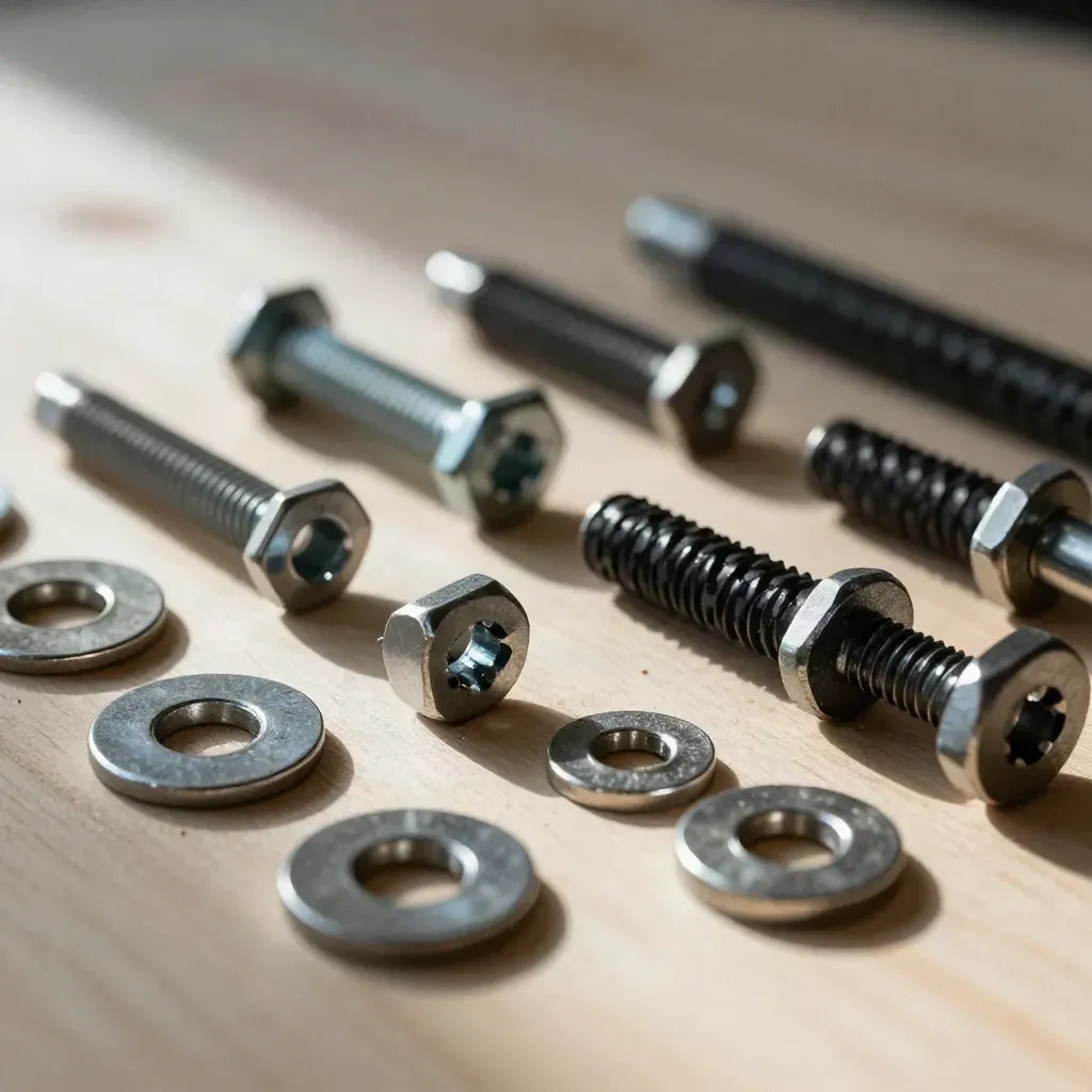 Macro still life of industrial fasteners, carbon-fiber offcuts, and spacers on pale wood