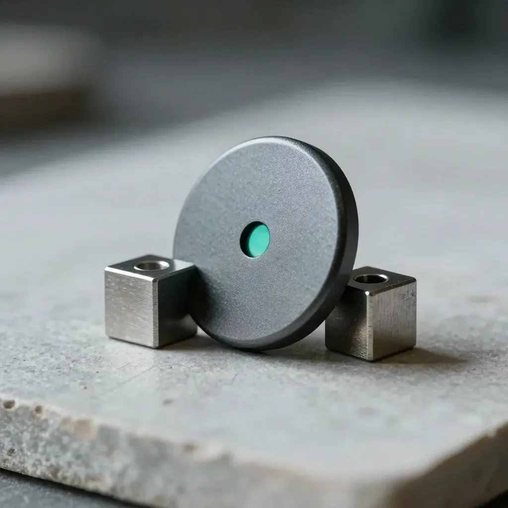 Graphite magnetic task token snapping beside two steel spacer blocks on stone.
