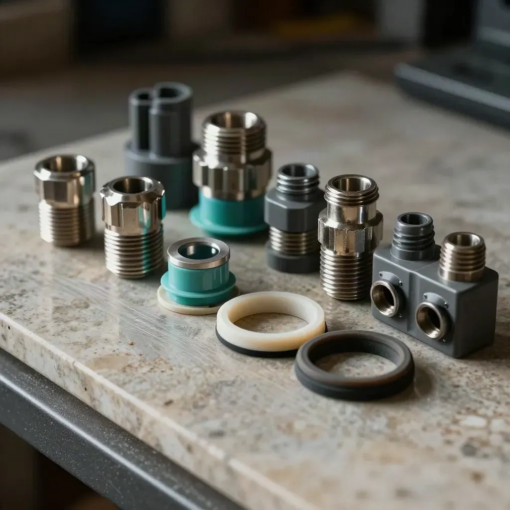 Cable glands, terminal blocks, and ferrite rings on stone in dramatic workshop light.