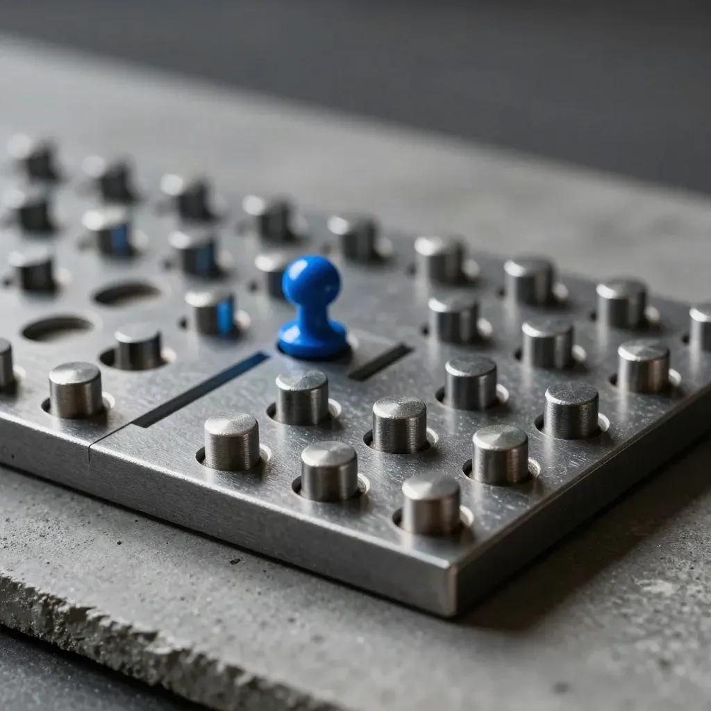 Milled metal decision trays with blue peg on concrete, close and tactile.