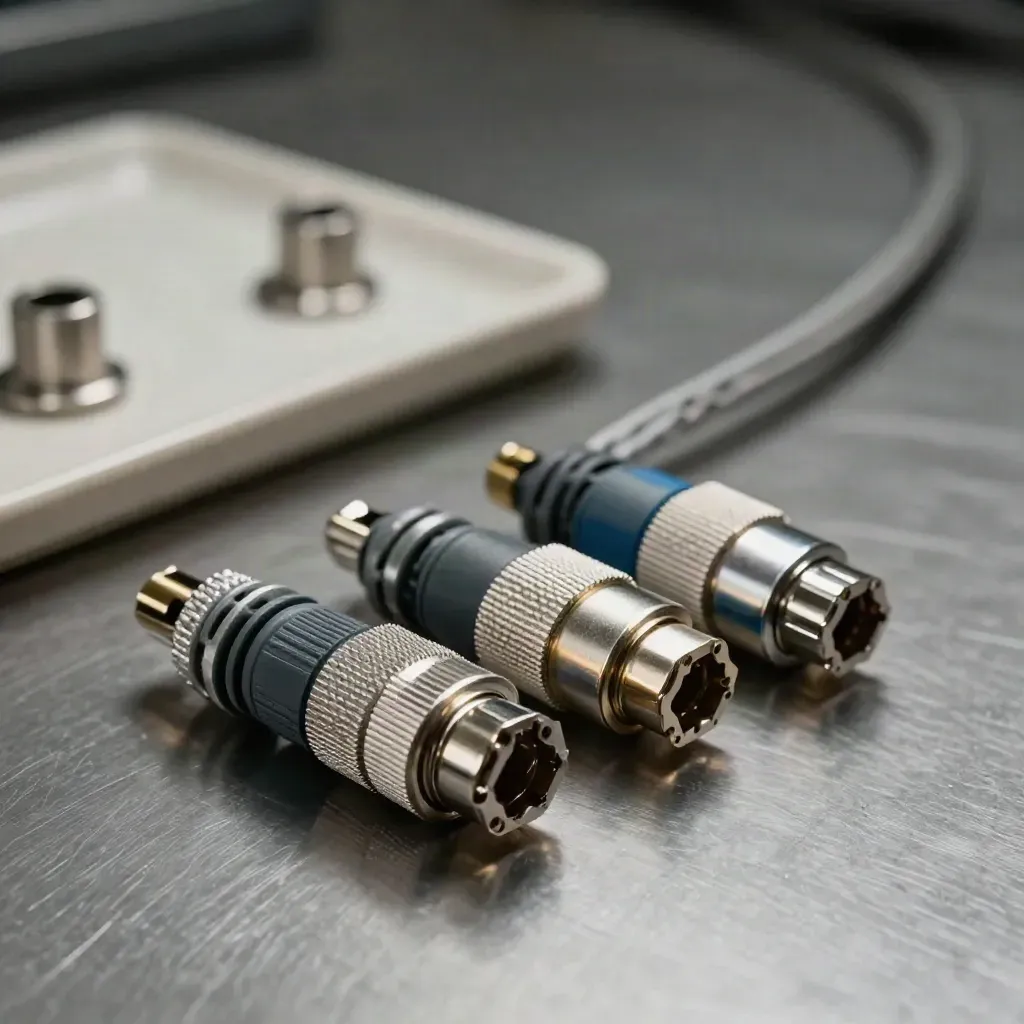 Machined adapters and braided cables linked into a modular chain on a graphite workbench.