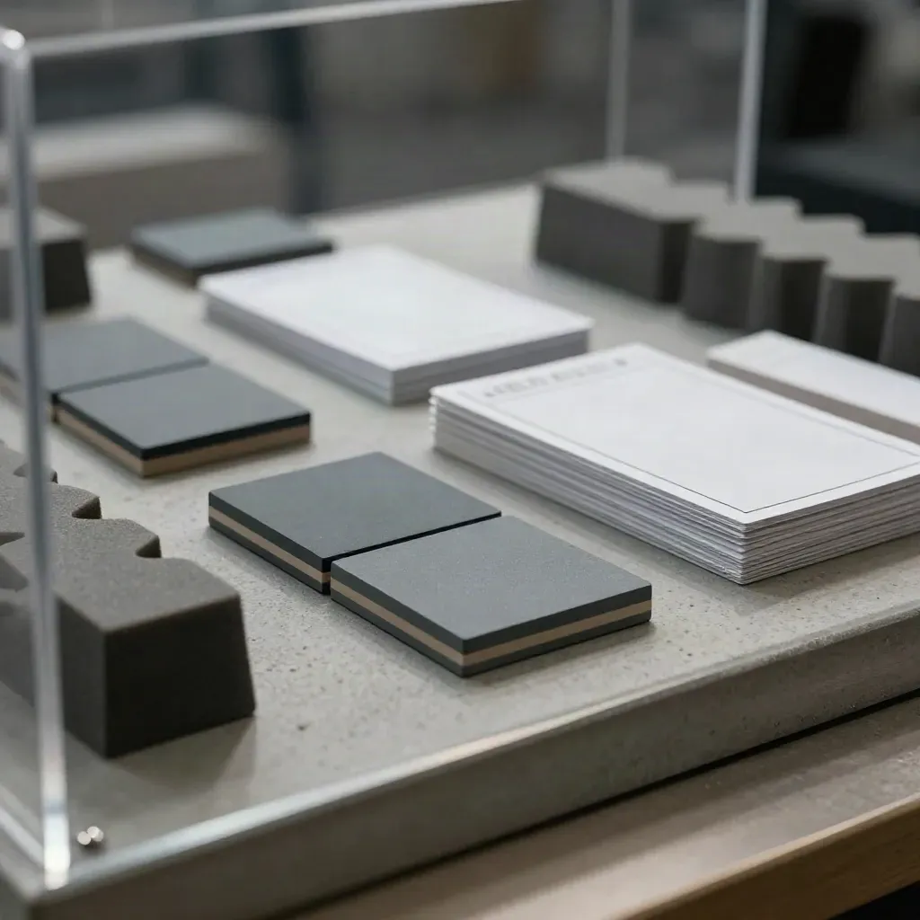 Magnetic kanban tiles and foam planning blocks seen through blurred acrylic