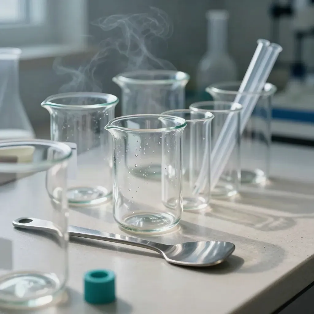 Glass vials, beakers and a steel spatula under cold lab light, seen through a foreground cylinder.