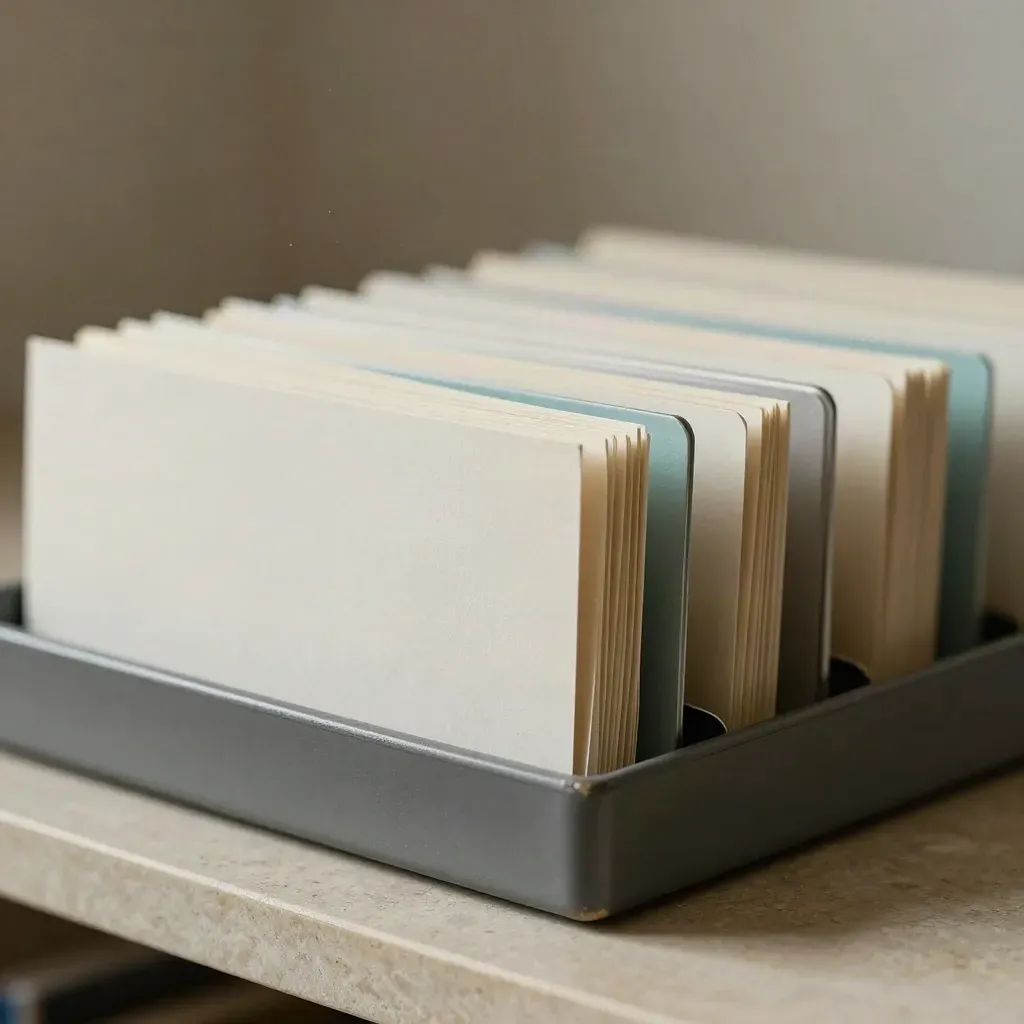 Extreme macro of tabbed archival binders and blank pocket cards in a slim graphite tray with a teal accent.