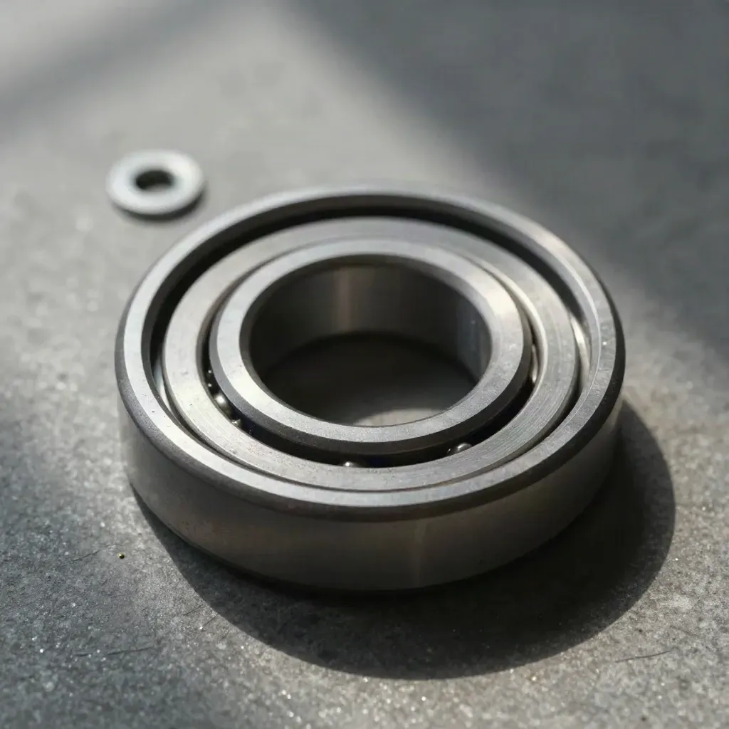 Overhead macro of graphite rings, bearings, and spring washers on cool stone, lit by soft daylight.