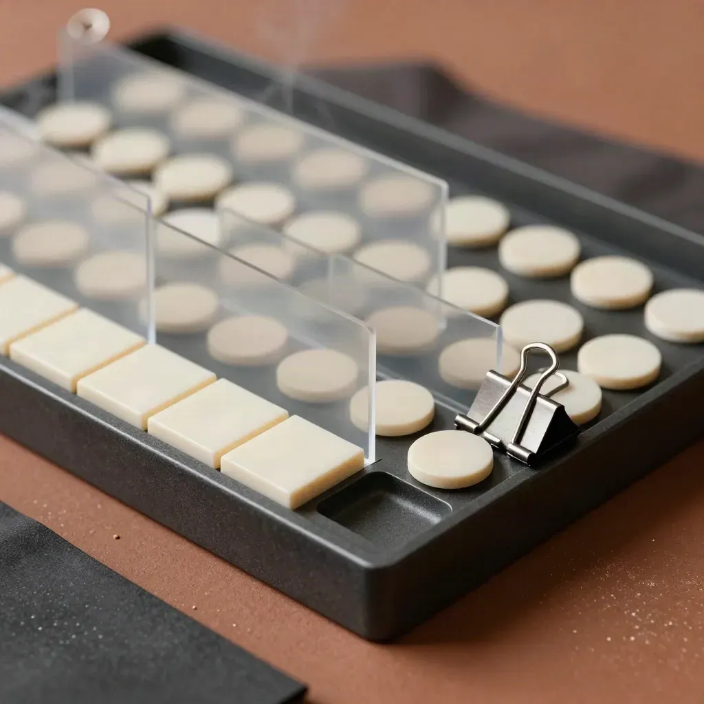 Macro still life of modular trays, clips, dividers and tokens on a terracotta surface.