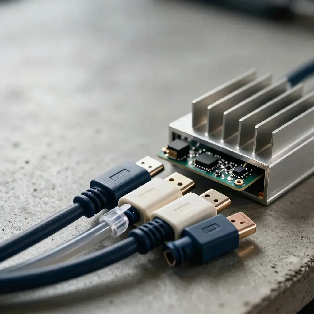 Macro of ethernet cable, USB-C adapters, PCB board, and heat sinks on a workbench.