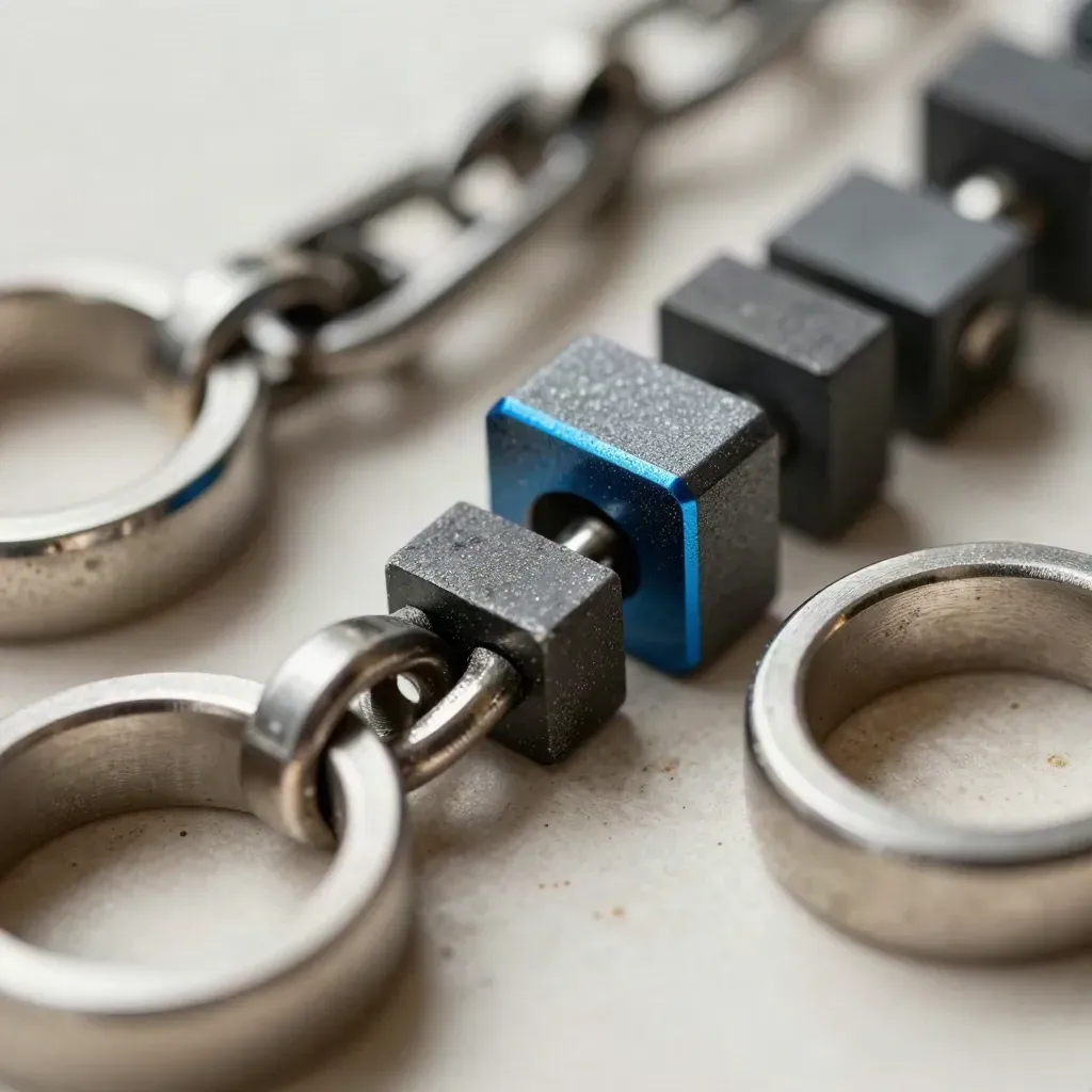 Linked metal rings, modular blocks, and a spring clip on a creamy stone surface.