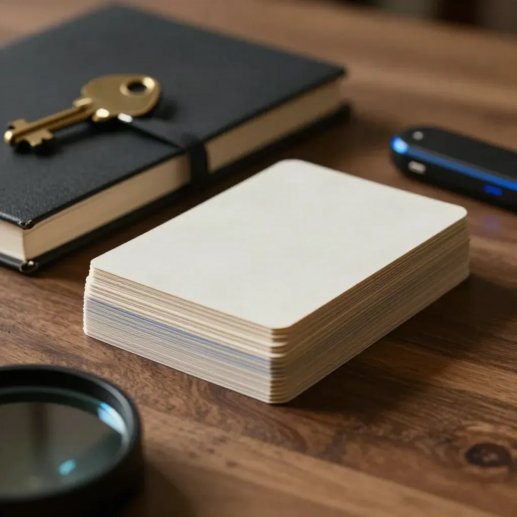 Brass paperweight, closed notebook, clicker and project cards on walnut with blue accent