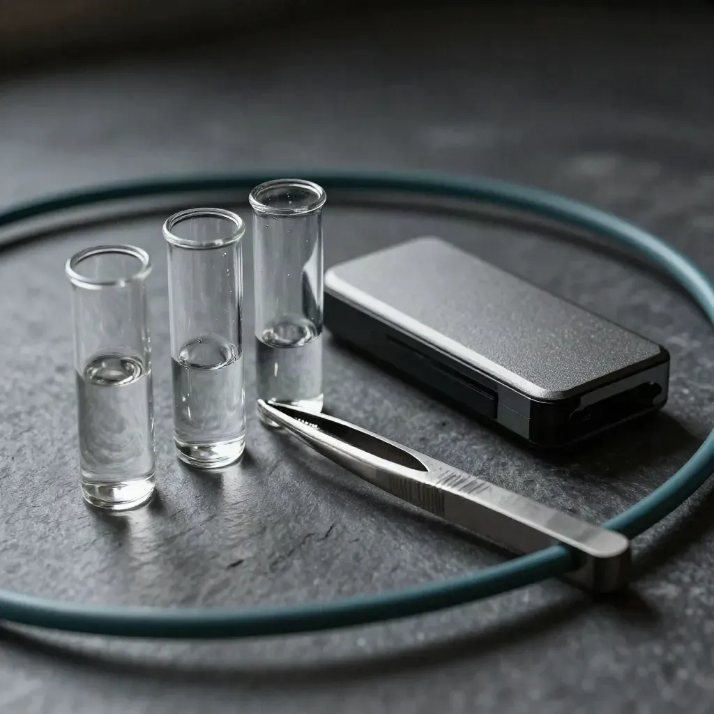 Clear sample vials, tweezers, an external drive and cable coil on slate with teal accents.