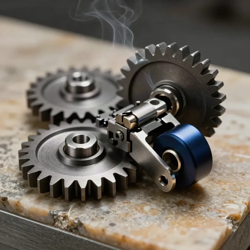 Macro still life of machined gears, hex standoffs, and a folding hinge on limestone.