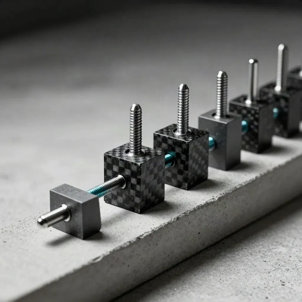 Carbon-fiber blocks and precision pins on concrete, lined up under raking light with a teal accent.