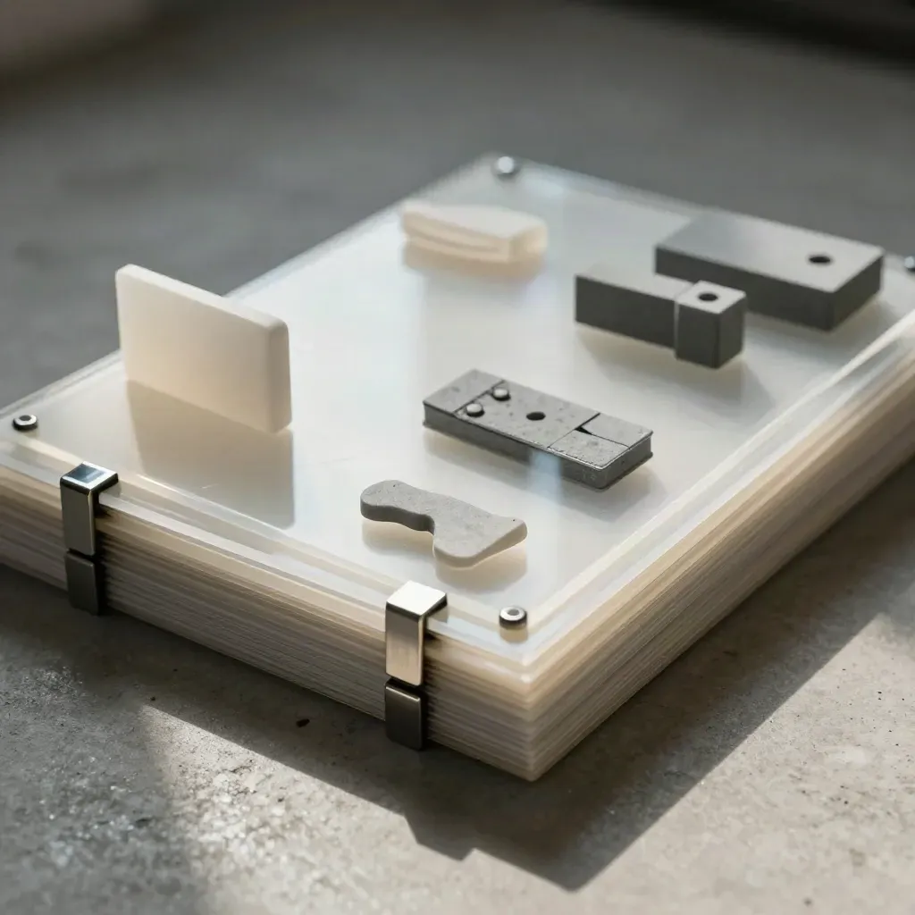Overhead still life of acrylic prototype sheets, clips, foam maquettes, and modular blocks on concrete.