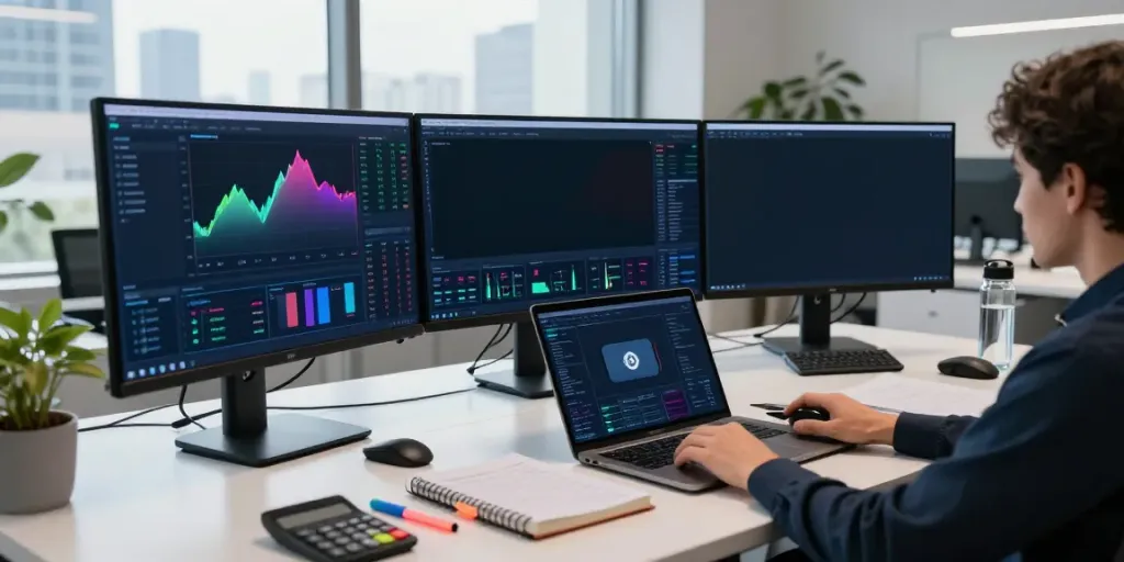 Real-time market data API seen on multiple screens in a professional trading workspace showcasing cryptocurrency price analysis.