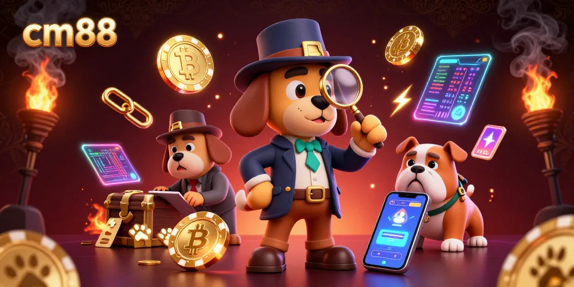 Engage with cm88, where a detective dog discovers poker chip treasures amidst vibrant cryptocurrency elements.