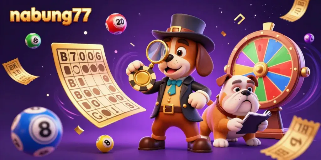 Experience the thrills of nabung77 with a 3D cartoon detective uncovering poker clues amidst vibrant casino elements.