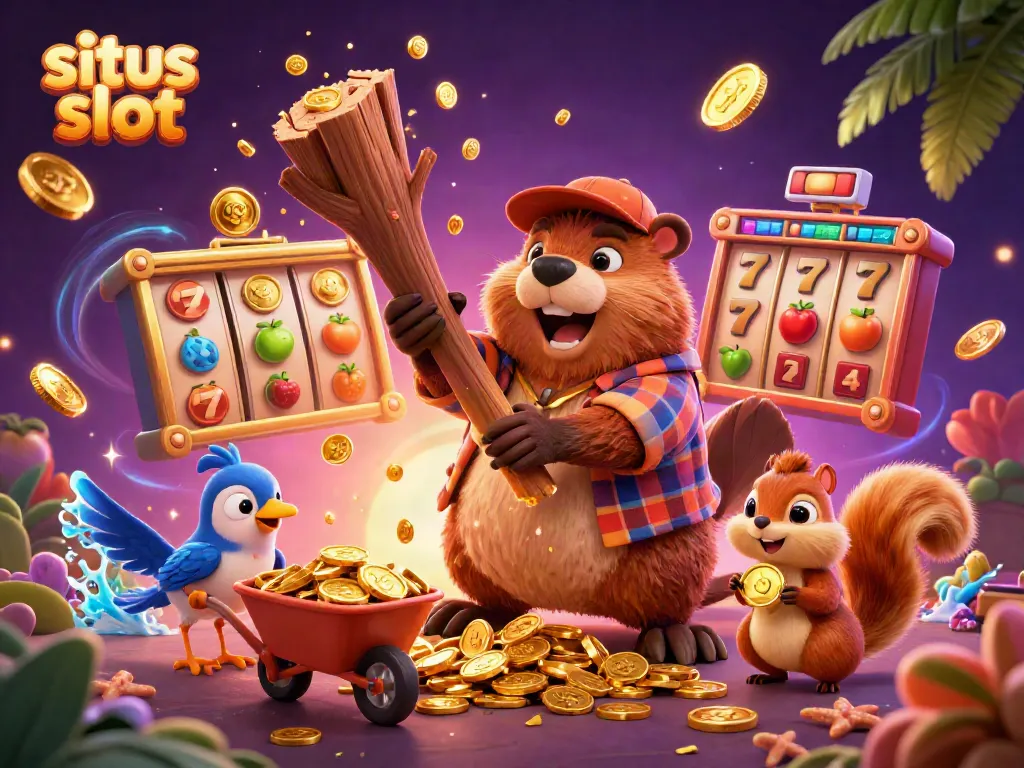 Permainan situs slot dengan karakter beruang pemotong kayu mengumpulkan koin emas yang jatuh, meningkatkan peluang kemenangan Anda.