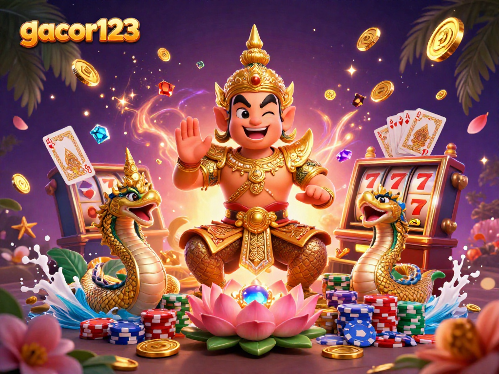 Engage with gacor123 in this vibrant slot gaming scene featuring dynamic characters and magical elements.