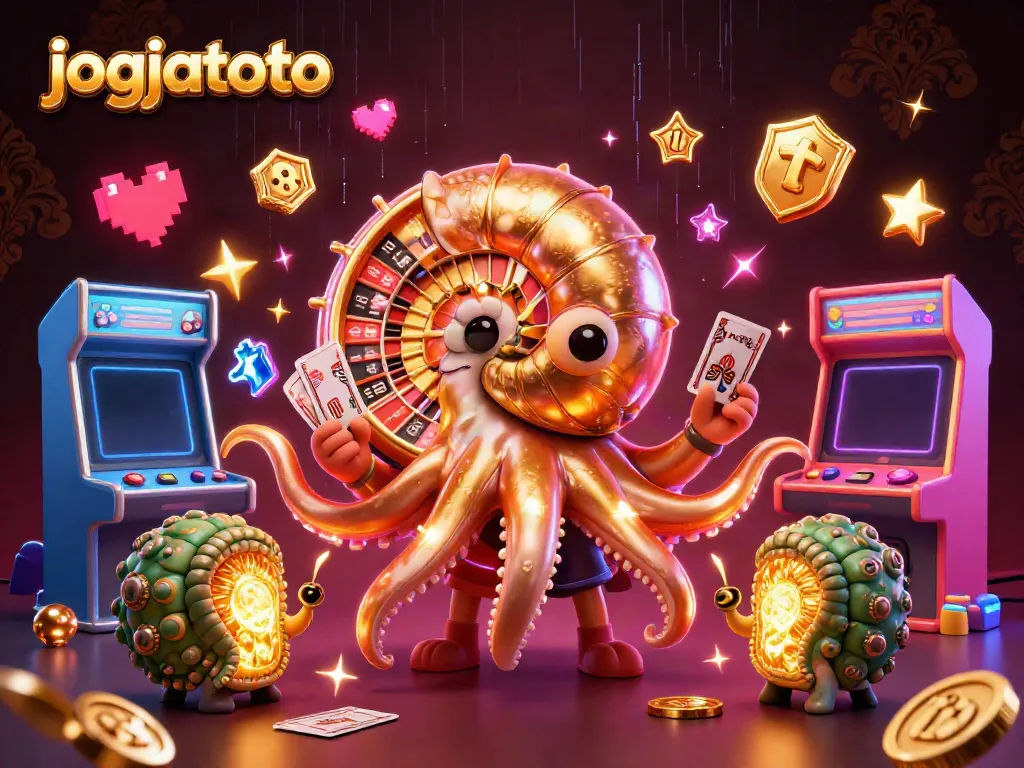 Experience the thrilling action of jogjatoto with a vibrant casino scene featuring a giant nautilus roulette wheel.