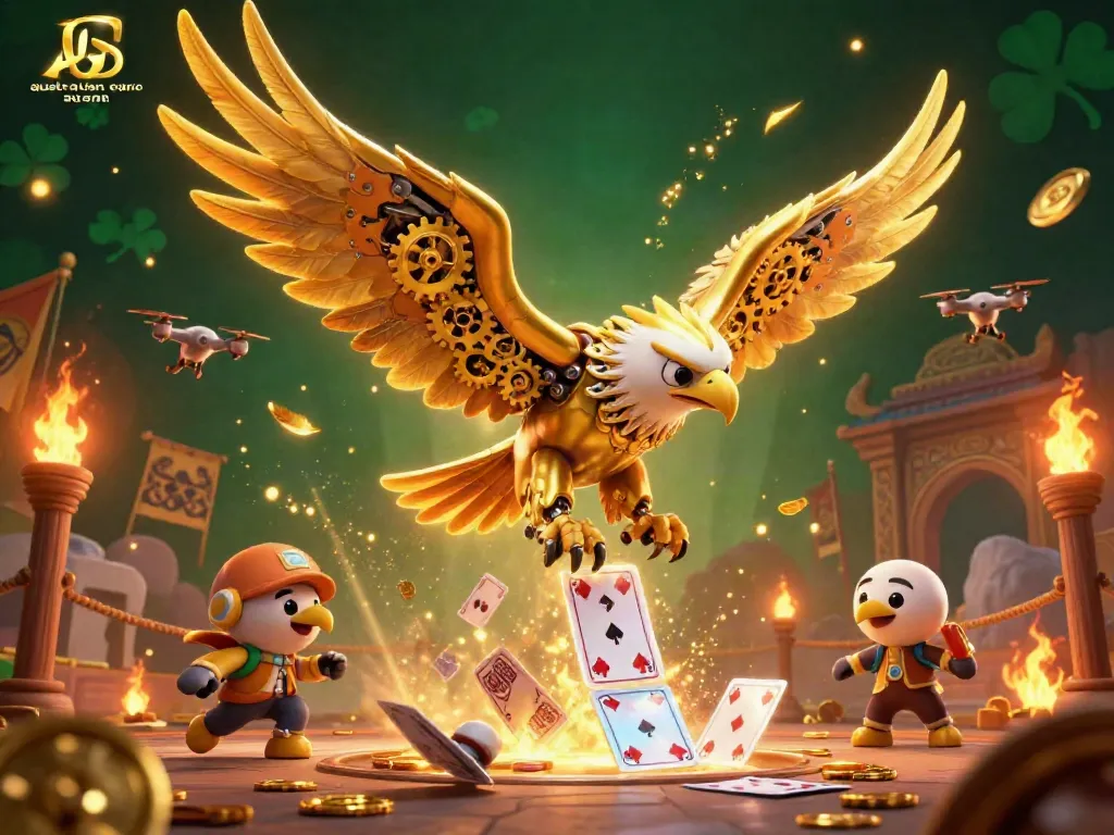 Experience the excitement of an australian casino site with a golden eagle soaring through holographic cards.