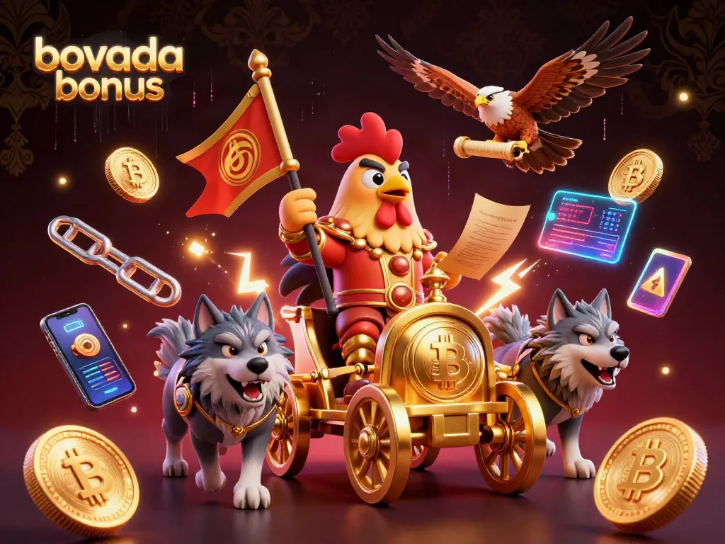 Activate your bovada bonus with stunning 3D illustration of a rooster warlord and crypto coins.
