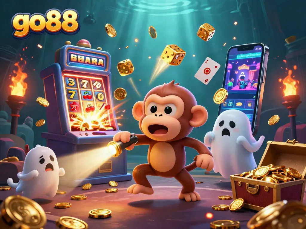 Experience the thrill of go88 with golden coins and vibrant casino games in this exciting illustration.