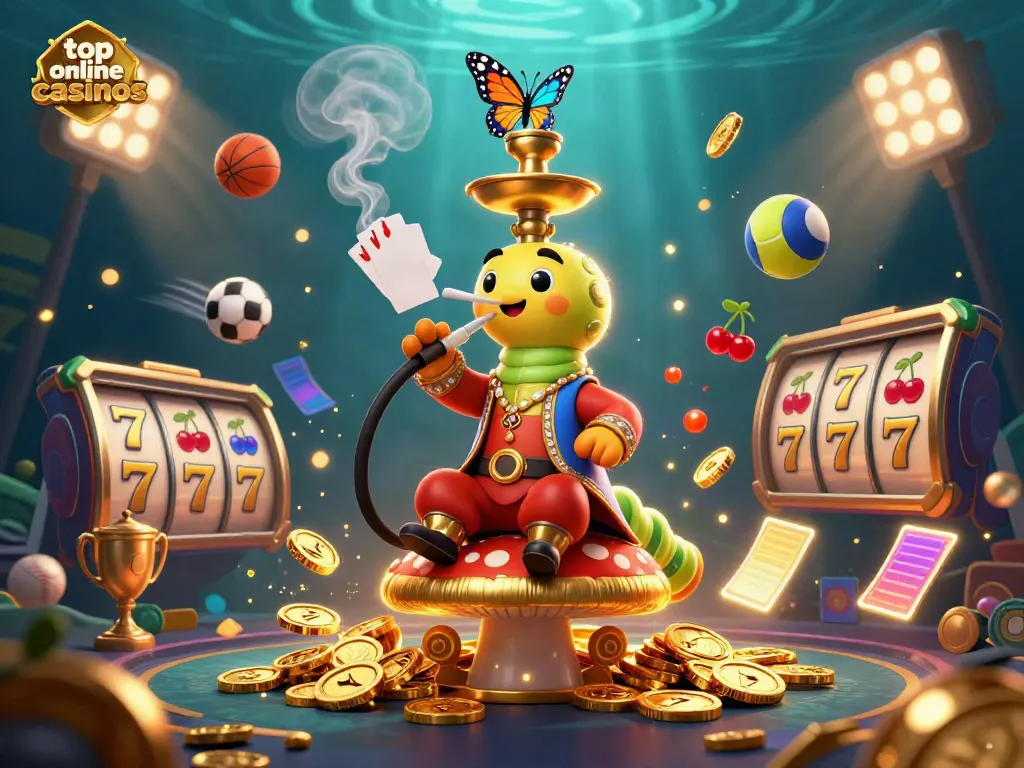 Experience the excitement of top online casinos with a vibrant, playful scene featuring casino elements.