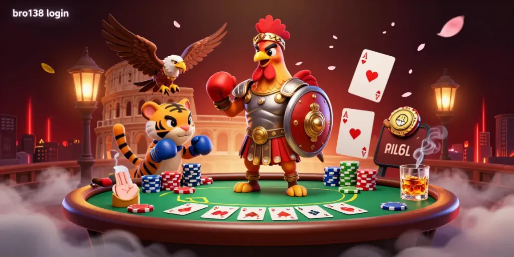 Experience the excitement of bro138 login in this vibrant 3D casino scene with poker action.