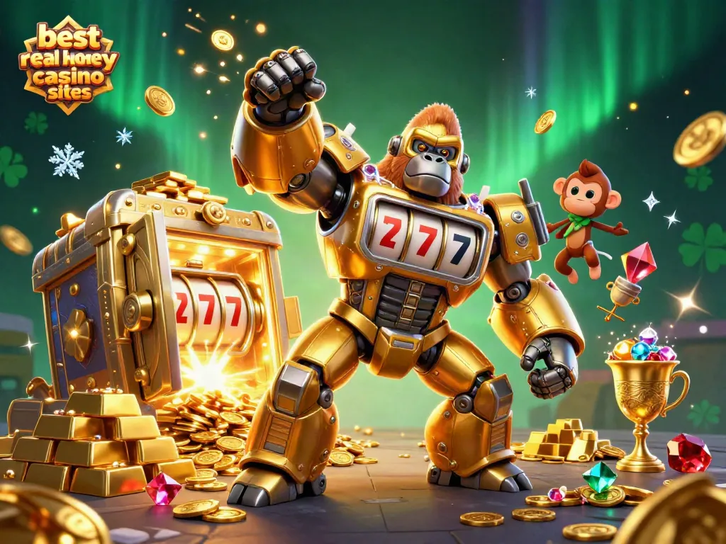 Join the action at the best real money casino sites with a golden gorilla mech, treasure, and spinning slot reels!