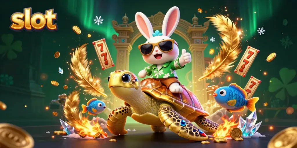Experience thrilling slot gameplay with a lucky rabbit and golden sea turtle amidst vibrant casino elements.