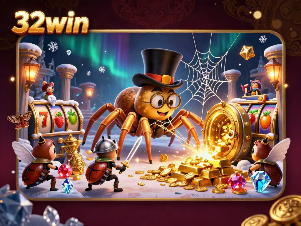 Engage with thrilling games at 32win featuring a golden tarantula, beetle knight, and vibrant casino elements.