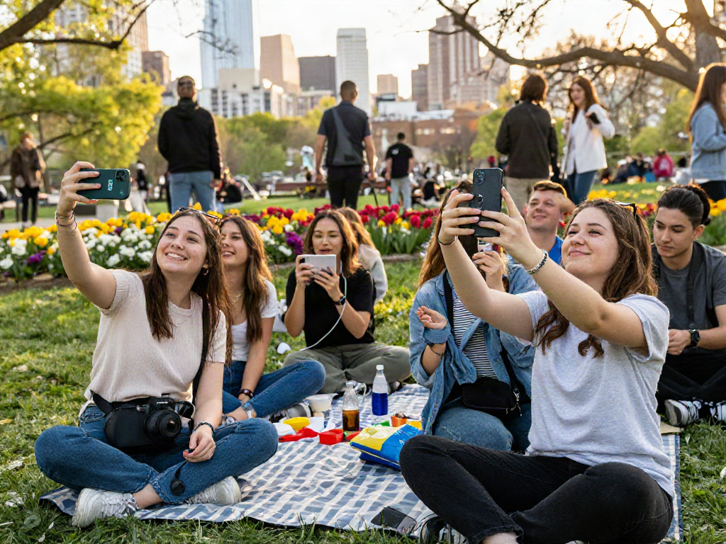 Group of friends engaging in an attractiveness test outdoors, showcasing their playful selfies and app interactions.