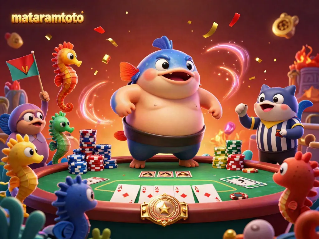 Mataramtoto showcases a vibrant underwater gambling scene featuring characters and poker elements.