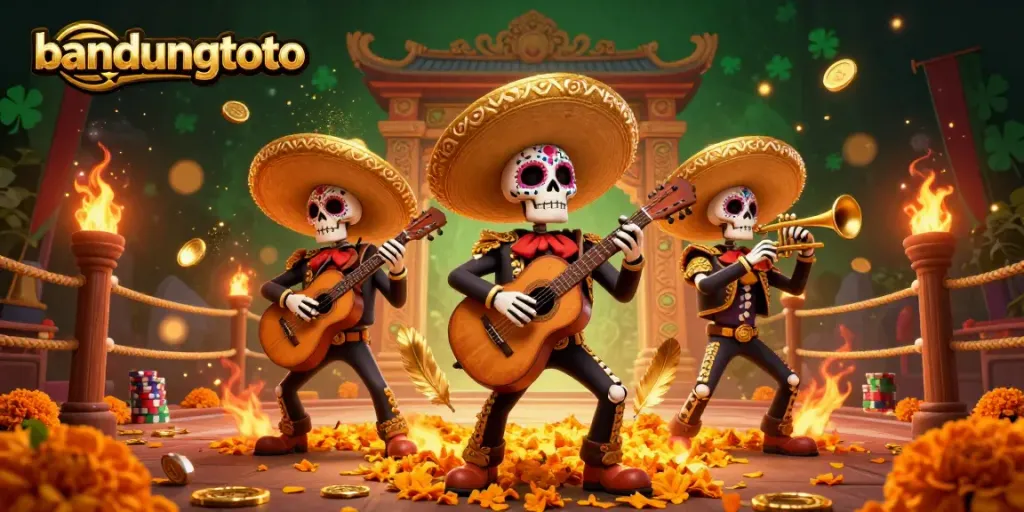 Engage in thrilling gameplay at bandungtoto with a vibrant representation of a lively mariachi band surrounded by casino elements.