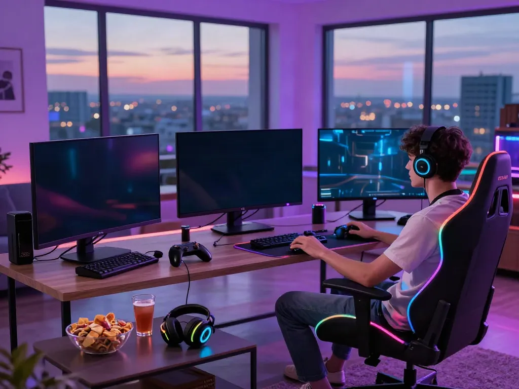 Engaged gamer enjoying PG SLOT games in a modern living room.