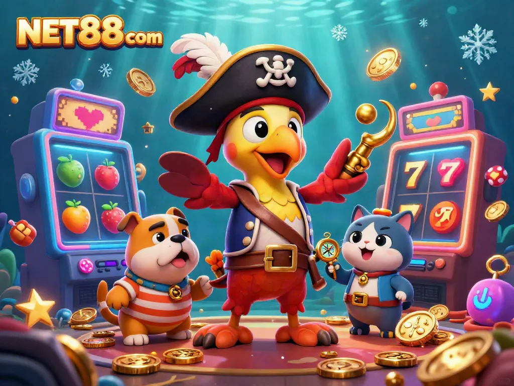 Play engaging slots and jackpots featuring NET88 com - a vibrant 3D casino scene.