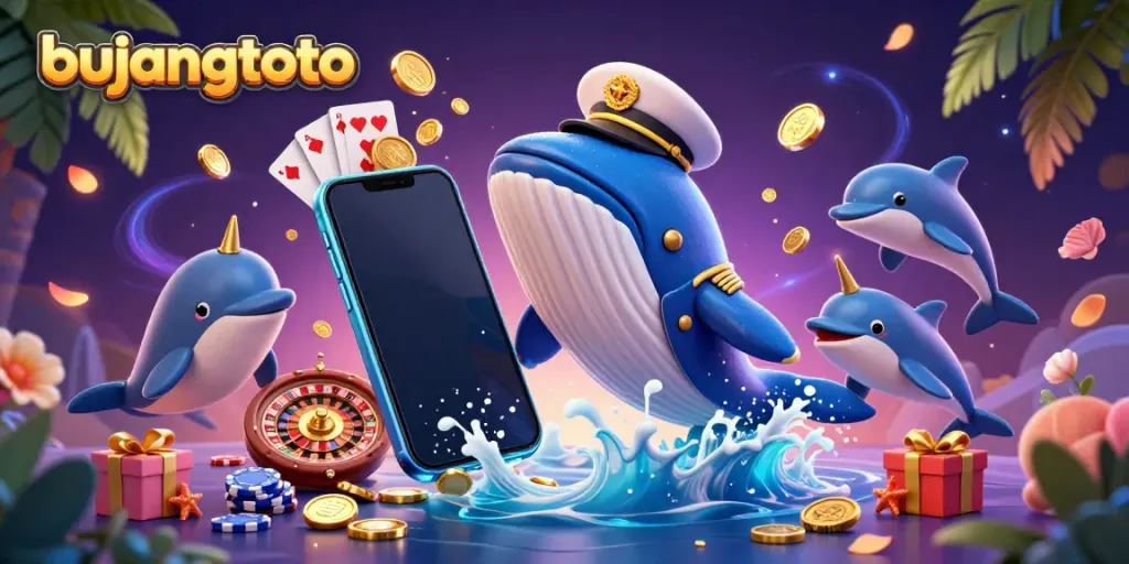 Bujangtoto's vibrant 3D illustration showcases a whimsical whale, narwhal, and dolphins playing with casino elements.