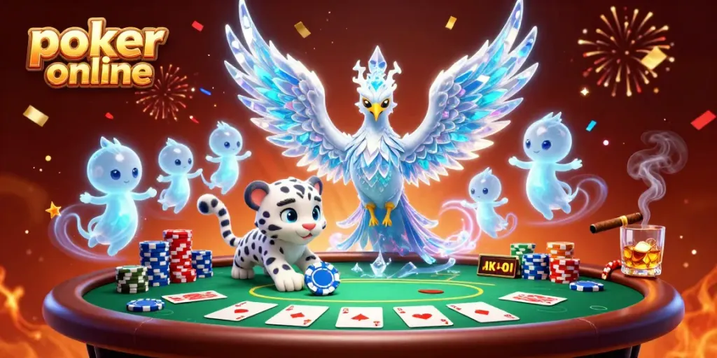Experience the excitement of poker online with this vibrant 3D illustration featuring a phoenix and dynamic gaming elements.