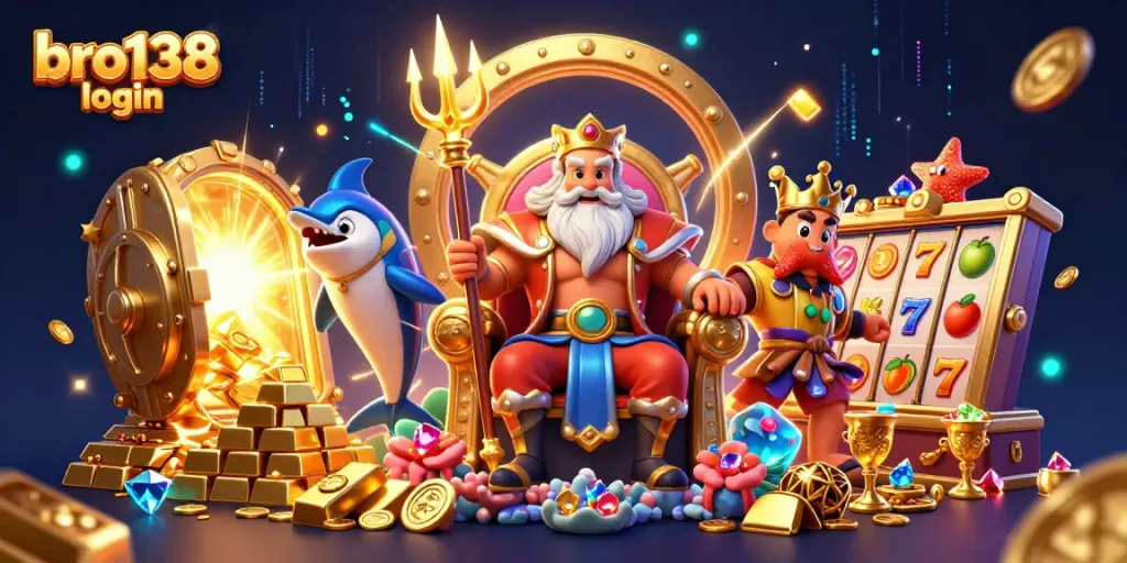 Experience the excitement of bro138 login with King Neptune surrounded by treasures and vibrant gaming symbols.