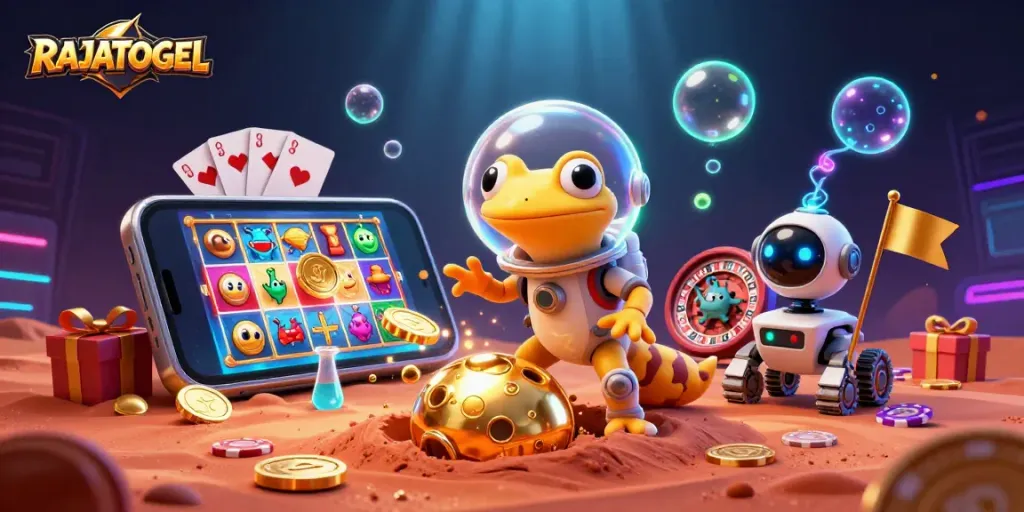 RAJATOGEL showcases a Martian gecko and robot rover at a golden casino scene with vibrant casino game elements.