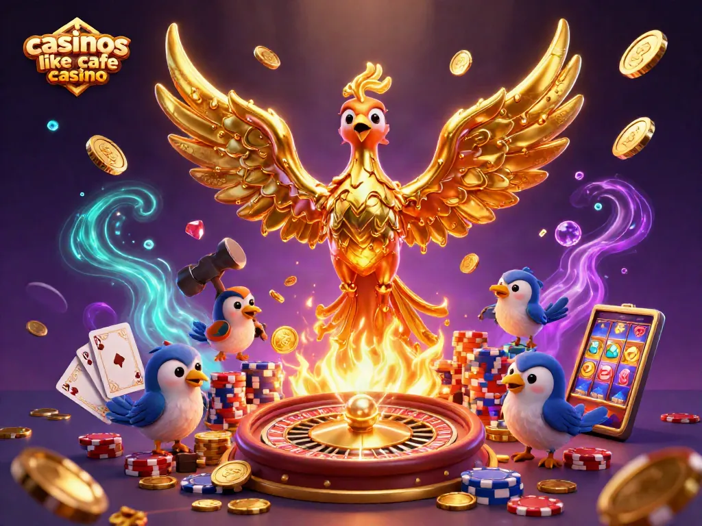 Win big at casinos like cafe casino with golden phoenix rising, dynamic gaming elements, and vibrant effects.