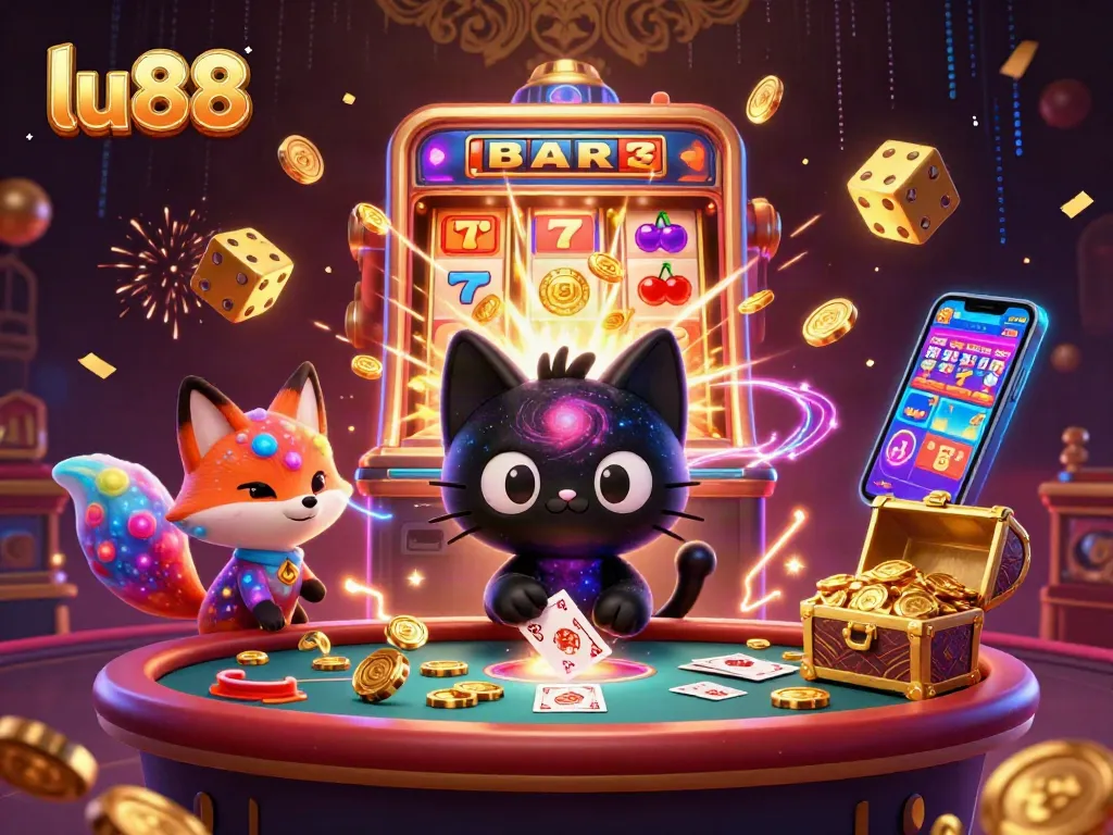 Experience thrilling gaming adventures at lu88 with golden chips and vibrant characters on a cosmic casino table.