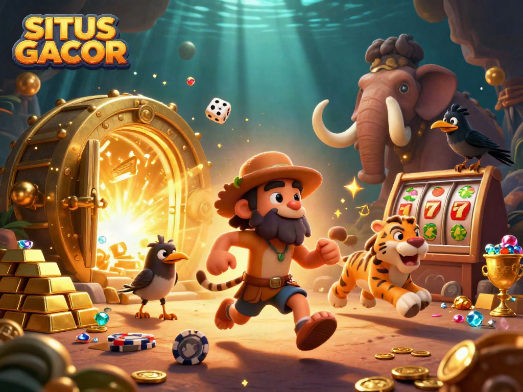 SITUS GACOR highlights a prehistoric casino scene with slots, gold treasures, and dynamic characters.