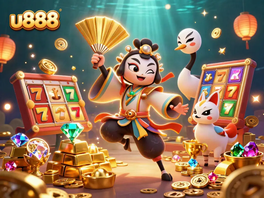 Join the excitement of u888 with a dynamic casino scene featuring vibrant slots and treasure.