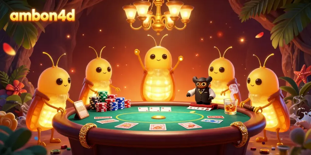 Engage in exciting poker action at ambon4d's vibrant cave casino with glowing glowworms lighting the scene.
