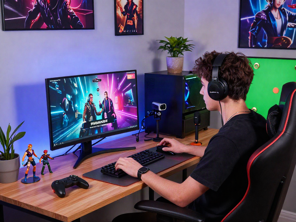 Pikashow streaming setup featuring a gamer immersed in vibrant content with RGB lighting and gaming gear.