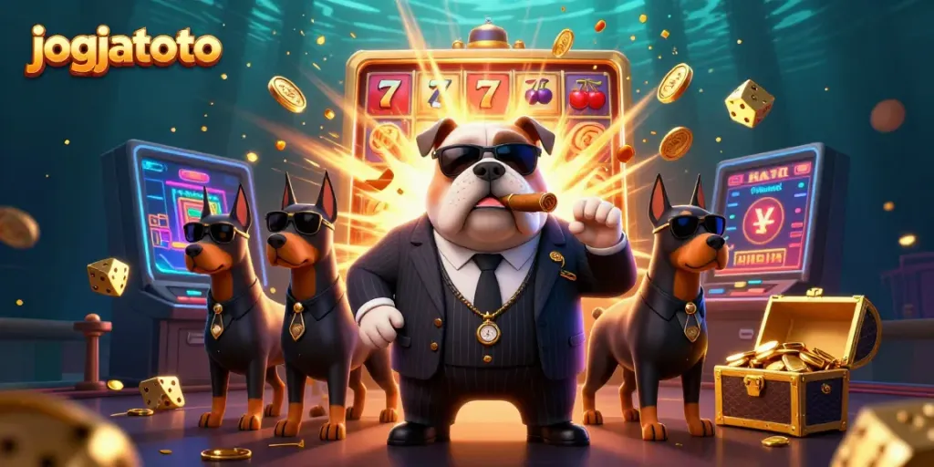 Win big with jogjatoto's vibrant casino illustration featuring a mafia bulldog and luxury games.