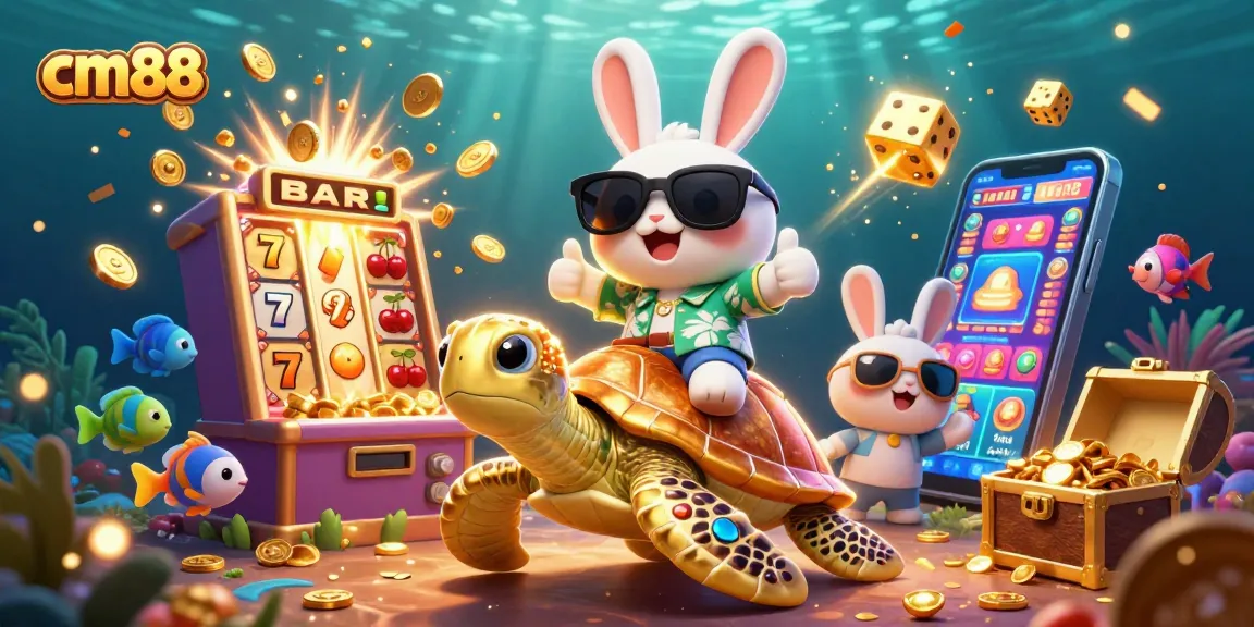 Win big at cm88 with a colorful 3D casino illustration featuring gaming excitement and joy.