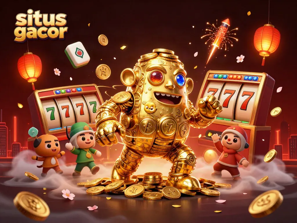 Experience the exciting gameplay at situs slot gacor with a dynamic 3D illustration of a golden golem surrounded by casino elements.